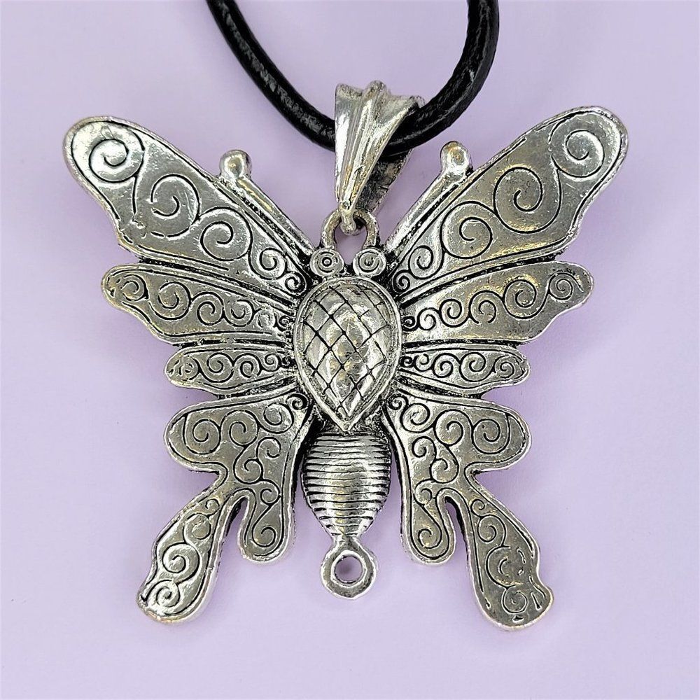 Large Butterfly Statement Pendant Necklace on a Black cord